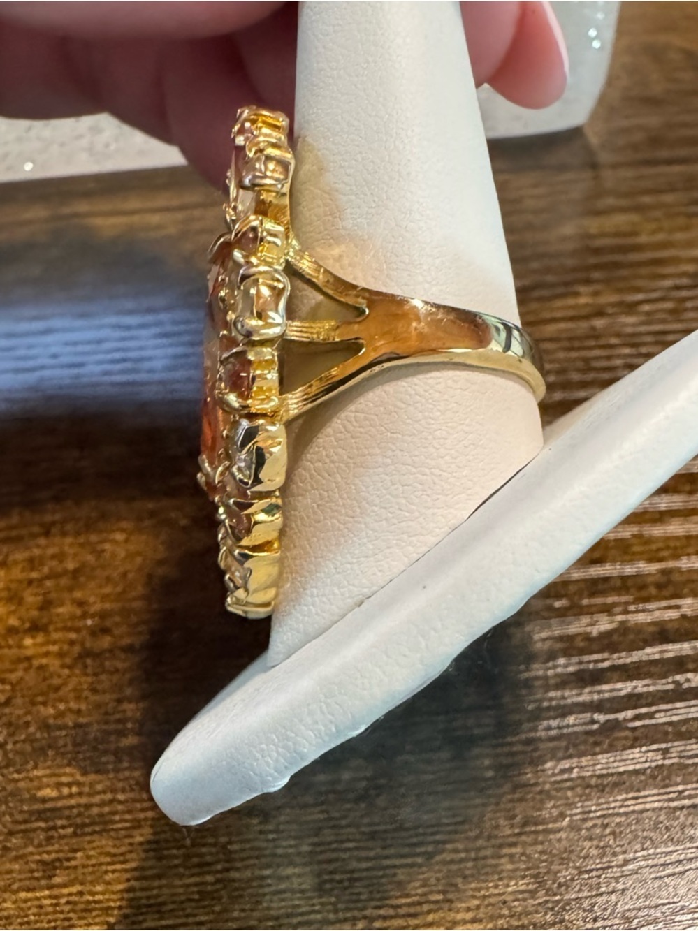 Peach Crystal Statement Cocktail Ring Gold Tone Floral Halo Size 10 - Picture 4 of 6
